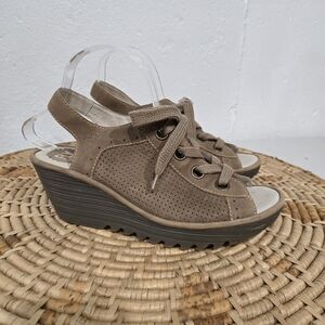 Fly London Brown Lace Up Open Toe Wedges 10-10.5